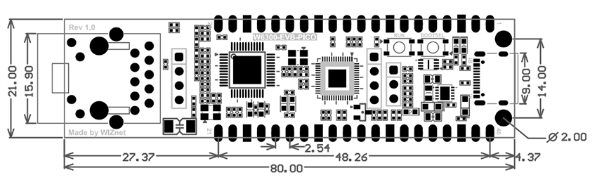 Mechanical Drawing - WIZnet W6300-EVB-Pico Evaluation Boards